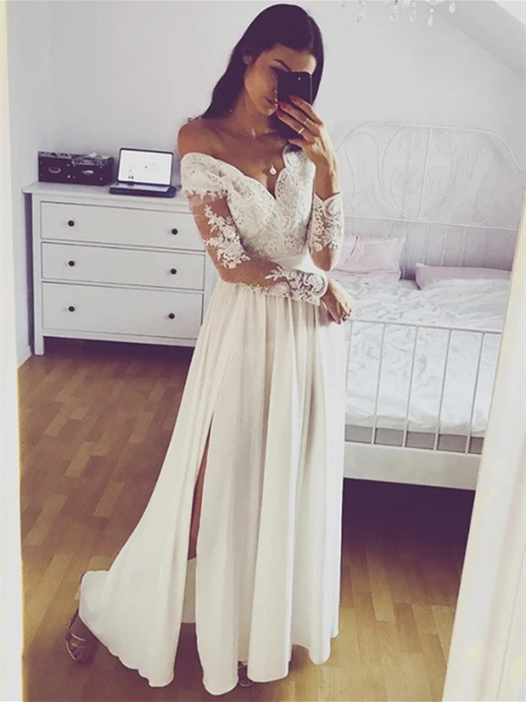 Long Sleeves Lace White Prom Dresses ...